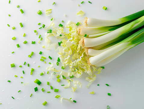 photography of LEEKS falling from the sky, hyperpop colour scheme. glossy, white background Fresh green leek stems isolated on white background.