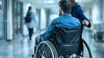 Obraz premium Medical support in a hospital corridor. Helping patient in a wheelchair. Healthcare professional guiding. Rehabilitation assistance. Caregiving at medical facilities. AI