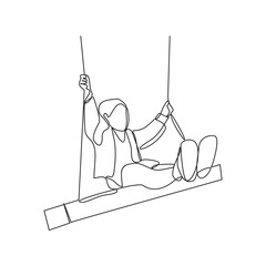One continuous line drawing of people playing the swing in the park vector illustration. Games themes design concept in simple linear continuous line. Games theme design is suitable for your asset.