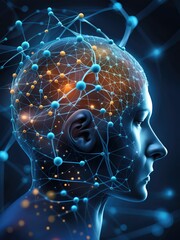 Obraz premium Neural network, cyber robot head, 3d render illustration.