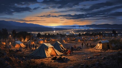 A refugee camp at dusk