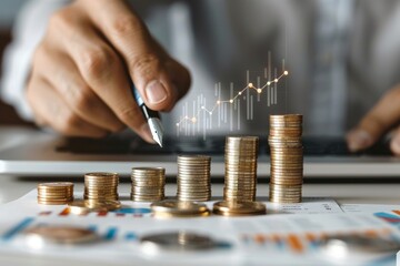 Businessman sketching growth graph with coins and laptop on wooden table, concept of financial country planning or construction projects background.