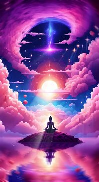 Silhouette of buddha sitting in the pose of meditation, surrounded by fantasy cosmic cloudy landscape, backgrounds, vertical