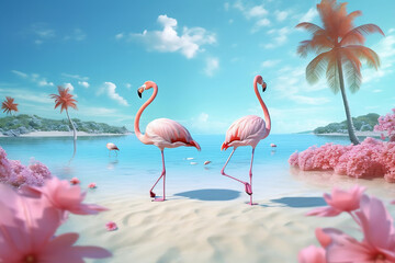 Flamingos standing in the water in a fancy world with palm trees