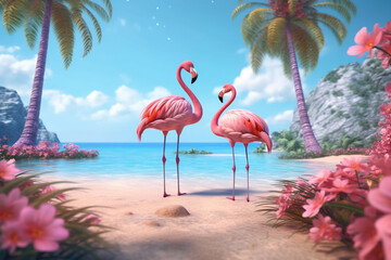 Flamingos standing in the water in a fancy world with palm trees