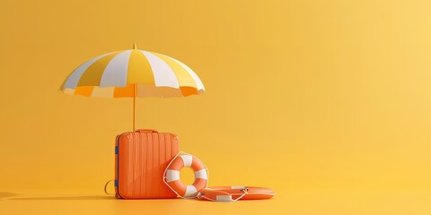 3D render of a travel and vacation concept with a beach umbrella, suitcase, and life jacket on a yellow background.