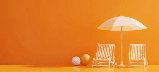 Fototapeta premium 3D rendering of a beach umbrella with chairs and a ball on an orange background, in a minimalistic style with a simple design