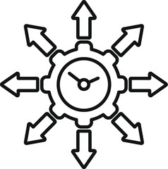 Simplified line drawing of a clock with directional arrows, symbolizing efficient time management and planning