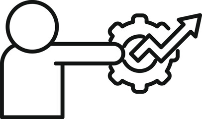 Stylized icon of a person interacting with a gear and a rising arrow, symbolizing growth and success