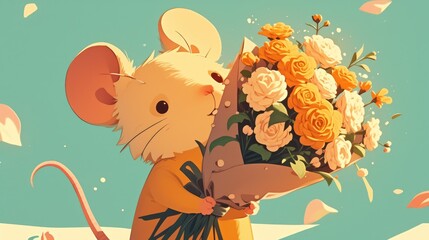 A delightful cartoon of a mouse holding a bouquet of flowers on a greeting card