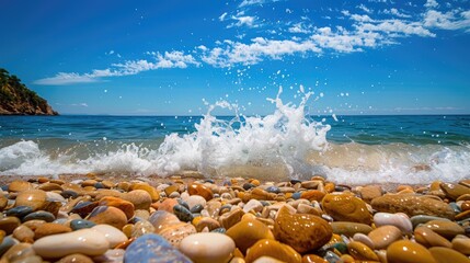 Waves crashing against rocks on a sunny beach with clear water blue sky and sand covered in pebbles - Powered by Adobe
