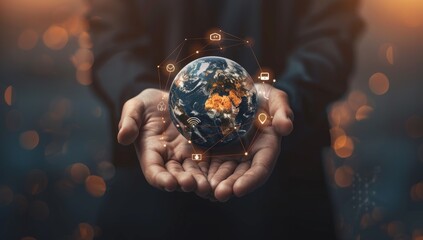 Fototapeta premium A business professional holding out their hands, with a digital globe and social media icons floating above them, representing global connectivity and the impact of technology