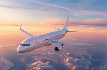 Fototapeta premium A commercial airplane flying high in the sky, sunset background, wide angle shot, hyper realistic photography, natural light.