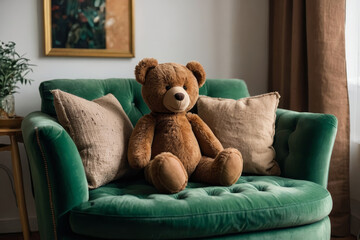 a brown teddy bear sitting on top of a green couch