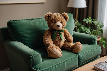 a brown teddy bear sitting on top of a green couch
