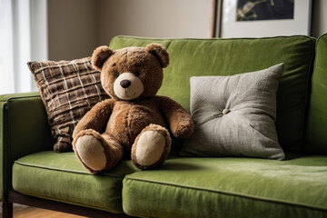 a brown teddy bear sitting on top of a green couch