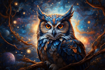 a celestial owl its feathers ablaze with the hues