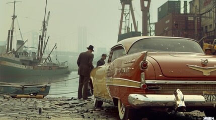 A dramatic scene at a dock, with mafia members loading contraband into the trunk of a classic car under the watchful eye of the boss