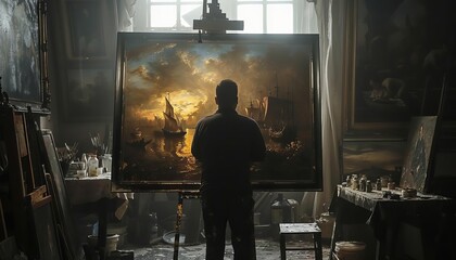 A dramatic scene of a Caravaggisti painter at work in a dimly lit studio, using a single source of light to create striking contrasts on the canvas