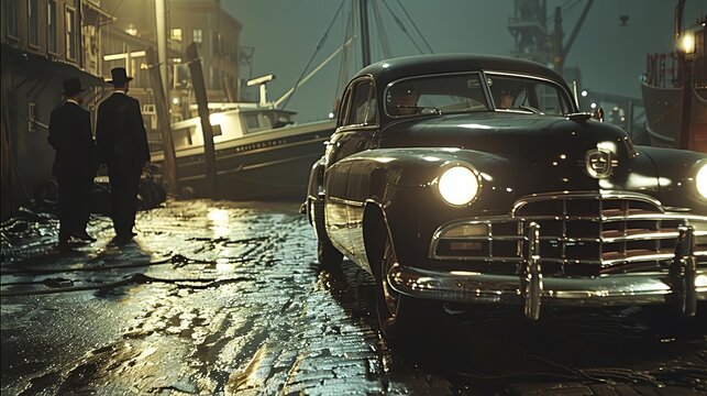 A dramatic scene at a dock, with mafia members loading contraband into the trunk of a classic car under the watchful eye of the boss