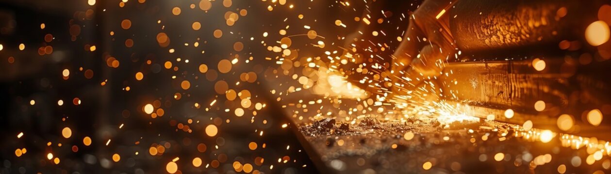 A dramatic scene of a silversmith at work, forging a silver sword in a dimly lit workshop, sparks flying as the hammer strikes