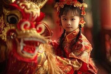 A little girl in ancient Chinese costume riding a Chinese Loong