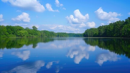 A calm lake reflecting the sky, representing the tranquility and reflection found in freedom