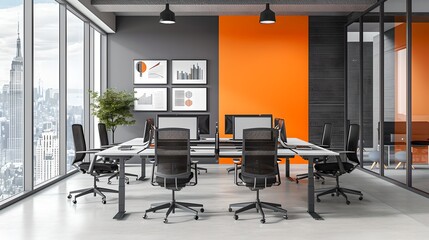 Modern office interior with large windows and an orange accent wall. Bright and open workspace ideal for collaboration. AI