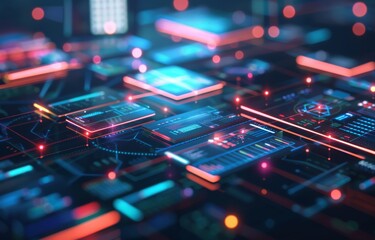 Obraz premium A digital rendering of various devices like laptops, smartphones and tablets connected to each other through an abstract network connection in the background.