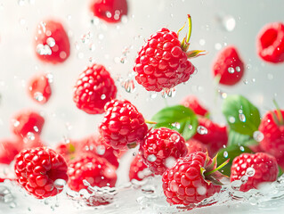 photography of RASPBERRIES falling from the sky, hyperpop colour scheme. glossy, white background Set of juicy raspberries with leaf isolated on white background.