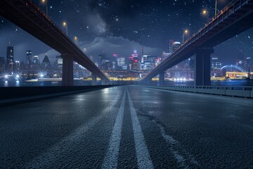 Fototapeta premium Empty asphalt road under the bridge during the night with beautiful city skyline background . 3d rendering 