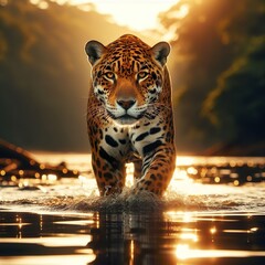a majestic jaguar walking across the sun, dappled water