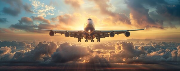 A large airplane flying in the sky with clouds and sun behind it, creating an atmosphere of travel and adventure.