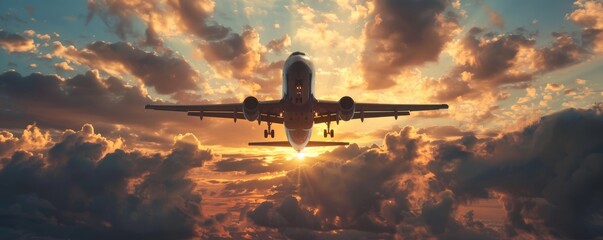 A large airplane flying in the sky with clouds and sun behind it, creating an atmosphere of travel and adventure.