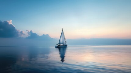 Obraz premium A lone sailboat on a calm sea at dusk, illustrating the peace and solitude of freedom