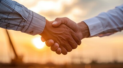 successful handshake of engineer and businessman at construction site after they have a good deal connection. 