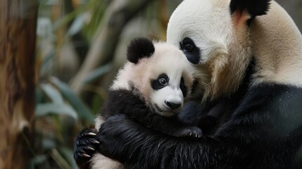 Naklejka premium Adorable panda cub cuddled up against its mother, epitomizing the bond between parent and child in the animal kingdom