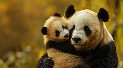 Obraz premium Adorable panda cub cuddled up against its mother, epitomizing the bond between parent and child in the animal kingdom