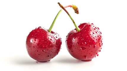 Two fresh cherries with water drops on white background. Close-up. Healthy fruit food. Concept of freshness. AI