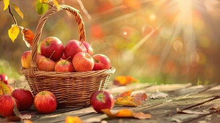 Basket of ripe apples placed on a wooden table, a delightful centerpiece for autumn gatherings