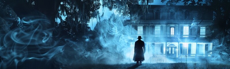 Man standing in front of a building with smoke coming out of it, ghost tour