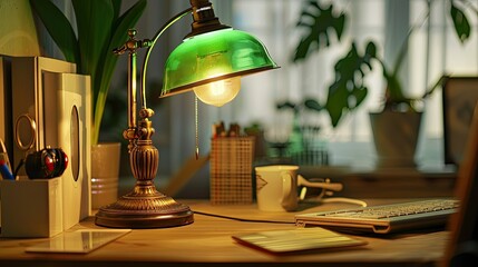 Obraz premium Classic desk lamp with a green glass shade, adding a touch of vintage charm to a professional desk