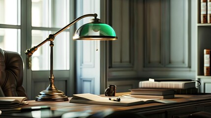 Classic desk lamp with a green glass shade, adding a touch of vintage charm to a professional desk