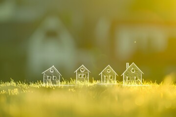 A white line drawing of three houses on the grass, with a blurred background, in the style of sunlight exposure, with green and yellow tones, in a simple style, with a minimalist design