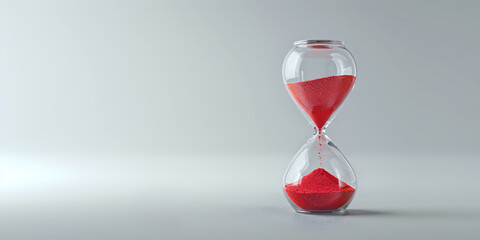 Red sand passing in hourglass, countdown running time, deadline on empty grey background copy space