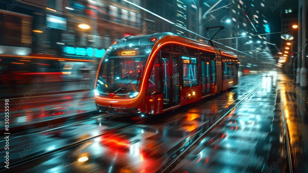 Wall mural an image showcasing a modern tram in motion with dynamic light trails in a cityscape it captures the