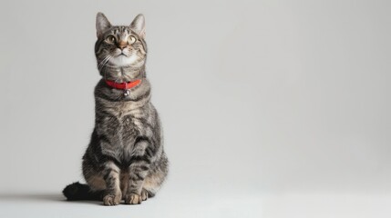 Cute cat wearing a bell collar, sitting alertly with a playful expression, showcasing stylish pet accessories