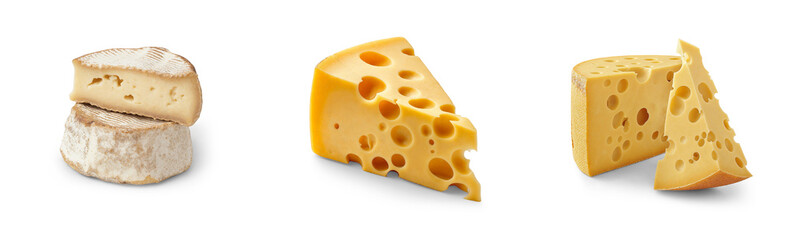 set of classic different types of cheese as milk dairy product display isolated on transparent png cutout background