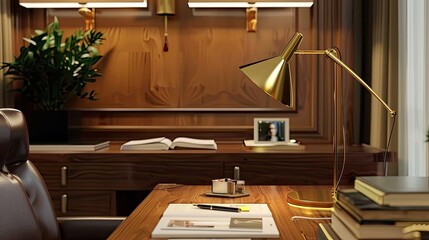 Elegant desk lamp with a brass finish, enhancing the aesthetic of a well-organized office space