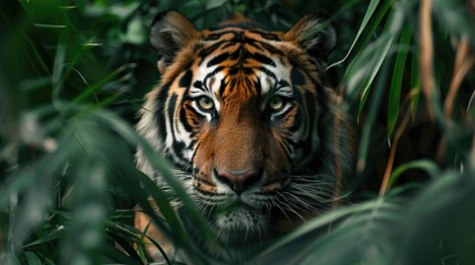 Fierce tiger emerging from dense jungle foliage, its piercing gaze capturing the essence of the wild